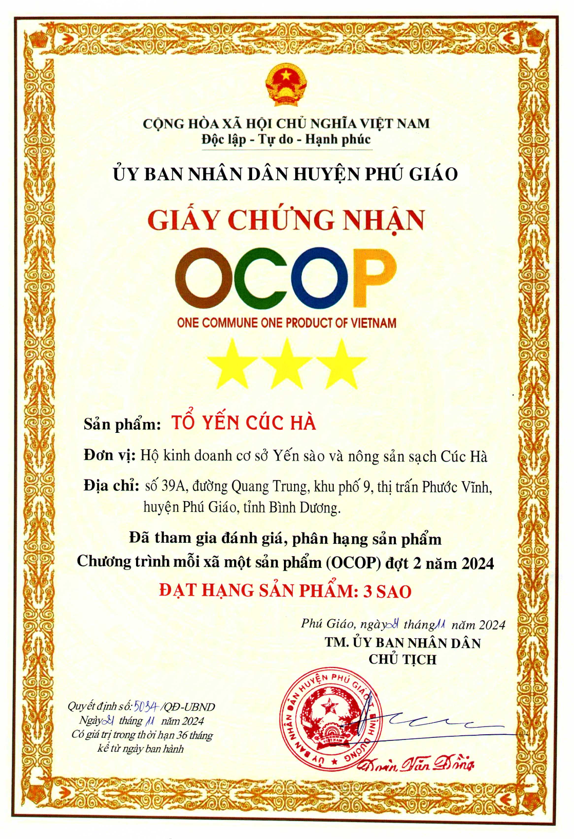 Cúc Hà giấy chứng nhận OCOP
