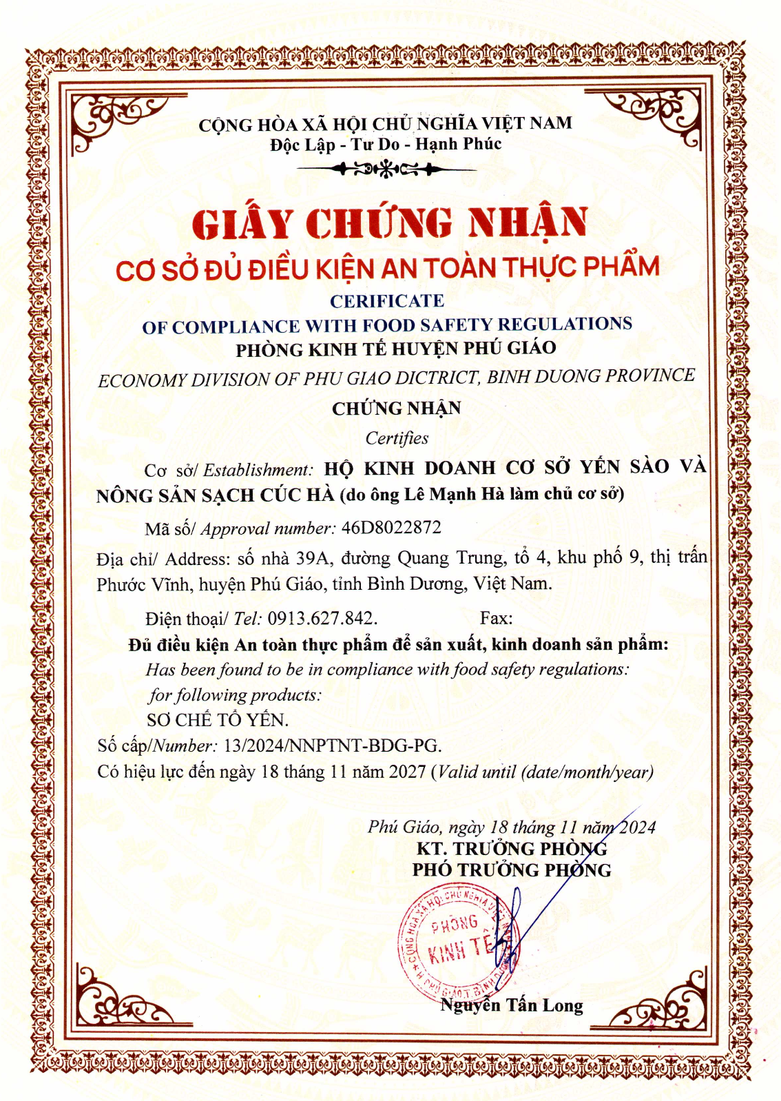 Cúc Hà giấy chứng nhận an toàn thực phẩm